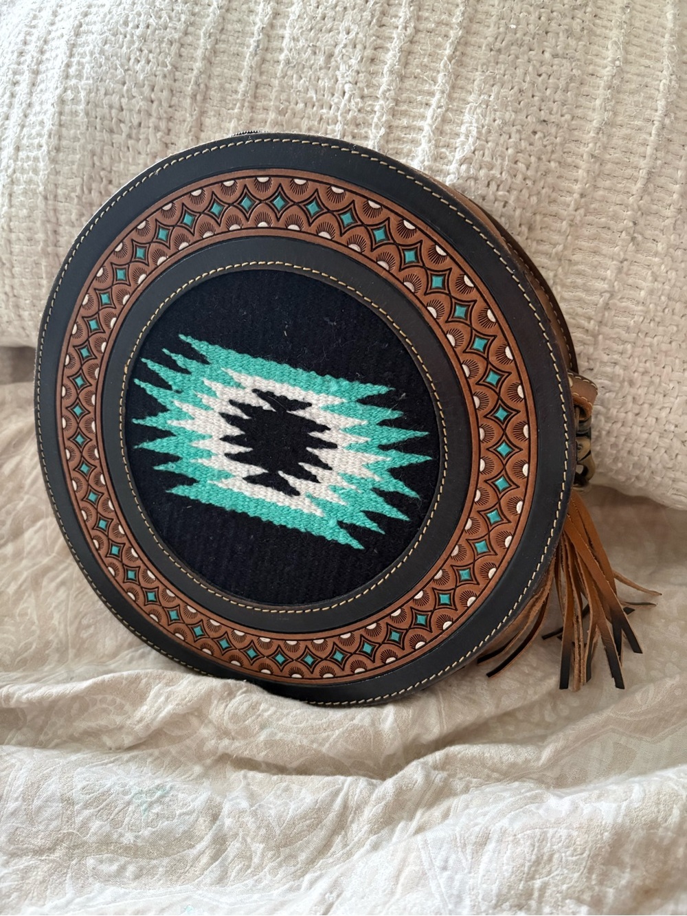 Round Myra Embroidered Crossbody Bag in Black and Teal